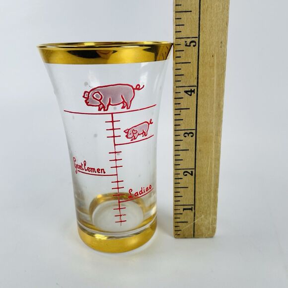 VTG MCM Glass Cocktail Drink Measure Mixer Ladies Gentlemen Pig Hog Barware Gold - Picture 3 of 8